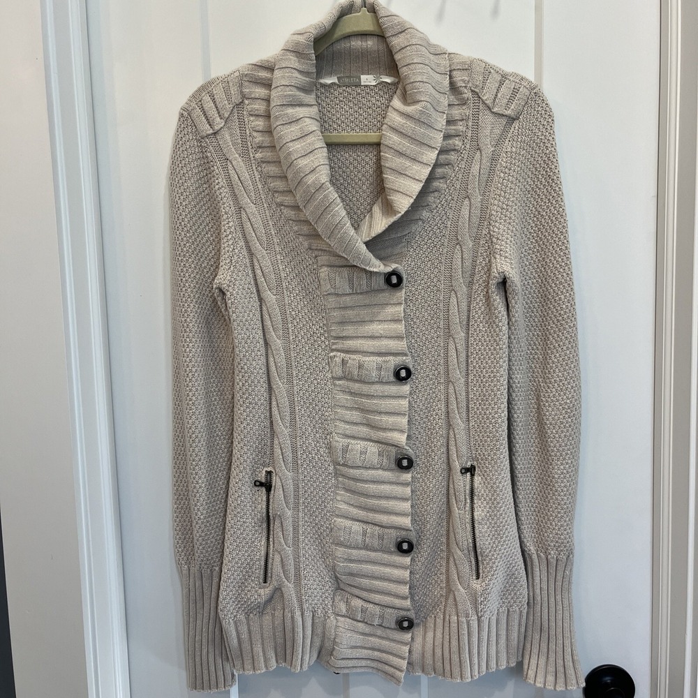 Athleta‎ Cardigan Sweater Women's Size Small Cream Snap Front Pockets Long Cozy